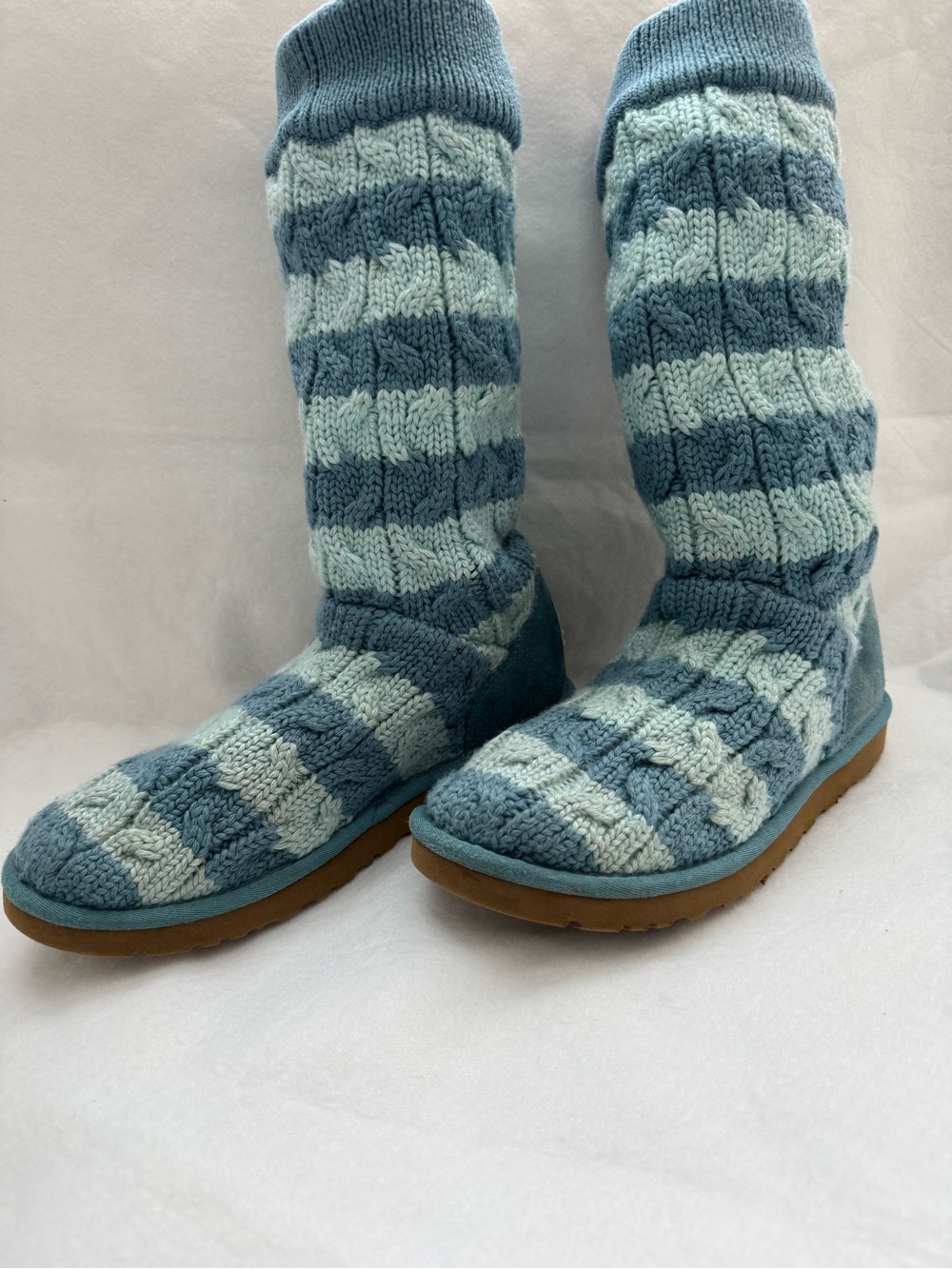 UGG Y2K Classic Tall Stripe Cable Knit Boots Teal and Blue Size 9 GC - Picture 3 of 9